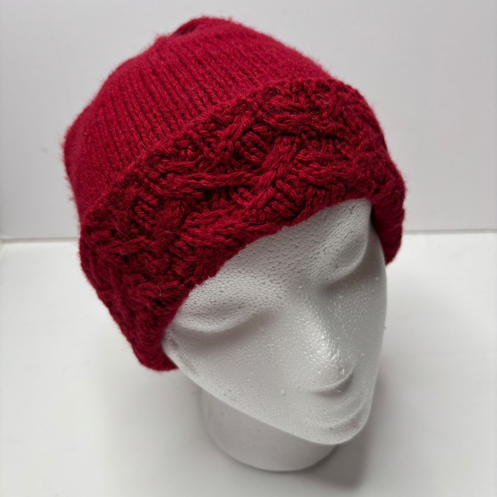 Talbots Womens Red Cable Knit Beanie Hat Winter Warm Holiday Bright Cozy